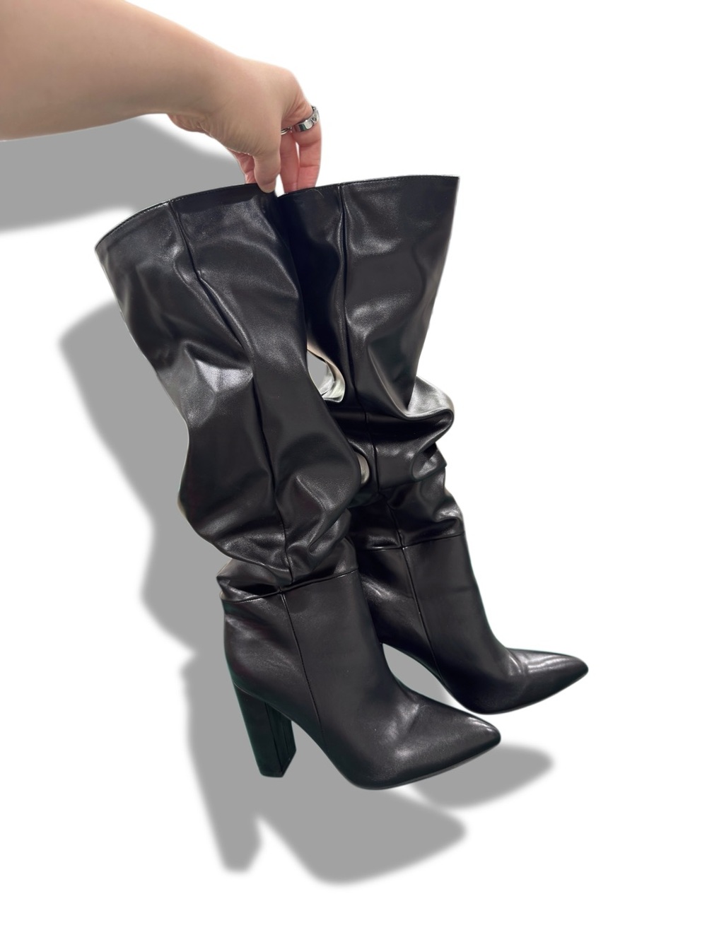 Black Faux Leather Slouchy Knee-High Boots - Size 10